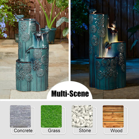 Turquoise Outdoor Water Fountain With LED Lights And Pump Dope 4 Tier Dandelion Texture Vase Shaped Ceramic Floor Standing With Birds For Porch Deck Garden Patio Backyard