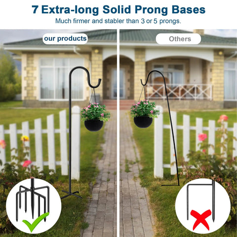 Comparison of Heavy Duty 84 Inch Shepherds Hook For Outdoor Use With 7 Prong Base next to standard hook