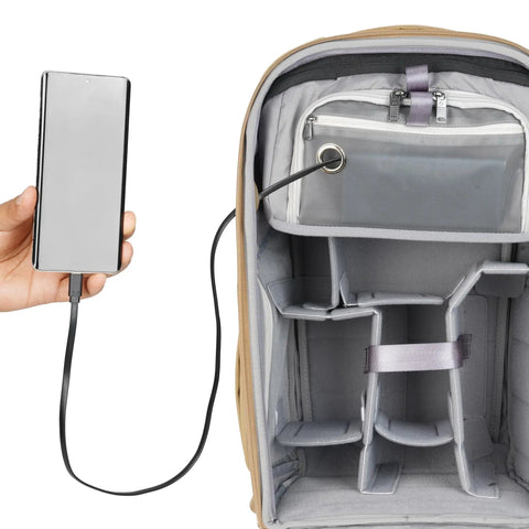 Metro B30L 30L Camera Backpack With Convertible Daypack in Beige, open view showing interior compartments and charging pocket.