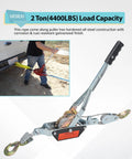 4 Ton Dual Gear Come Along Power Puller with Two Hooks in use on truck with steel cable and galvanized finish for heavy-duty lifting