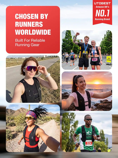 Collage of runners wearing No Bounce Hydration Vest Pack For Men And Women With 500ml Soft Flask in various settings