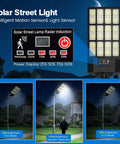 Heavy Duty 4 Pack Solar Street Lights Outdoor Waterproof Rock Solid Motion Sensor Floodlights With Dusk To Dawn And Remote Control showing power display and illumination modes.