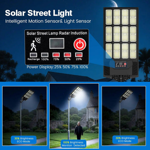 Heavy Duty 4 Pack Solar Street Lights Outdoor Waterproof Rock Solid Motion Sensor Floodlights With Dusk To Dawn And Remote Control showing power display and illumination modes.