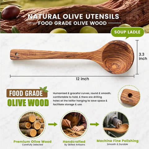 Premium Italian Olive Wood Ladle Kitchen Spoon That Totally Slaps With 12 Inch Long Handle And Deep Bowl Head For Cooking Soup shown with dimensions.