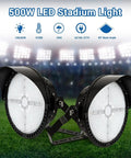 Heavy Duty LED Stadium Lights 500W Built Tough Sports Field Flood Lamps showing dual light fixtures with IP65 rating outdoor use.