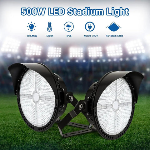Heavy Duty LED Stadium Lights 500W Built Tough Sports Field Flood Lamps showing dual light fixtures with IP65 rating outdoor use.