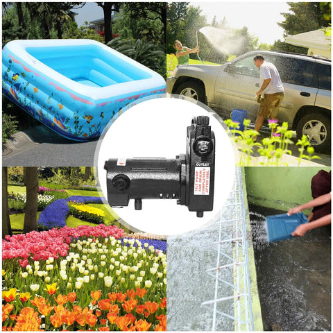 Beefy Heavy Duty Transfer Pump 115V 1/2 HP Delivers 1500 GPH High Pressure Water Transfer With Suction Strainer and Brass Connectors For Standard Three Quarter Inch Hose Black used for car washing, watering gardens, and draining ponds.
