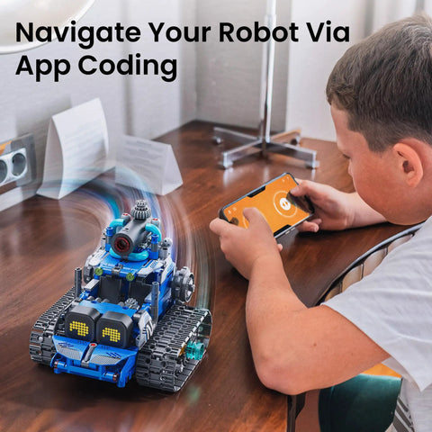 STEM 5 In 1 Robot Building Kit With Remote Control For Kids Ages 8 To 14 A Do It Yourself Programmable Engineering Toy That Totally Lets Boys And Girls Build Code And Conquer Hands On Learning And Fun. Child using phone app to drive blue robot tank