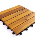 12x12 Inch Solid Wood Interlocking Flooring Tile in Real Acacia Hardwood with six slats for indoor outdoor use.
