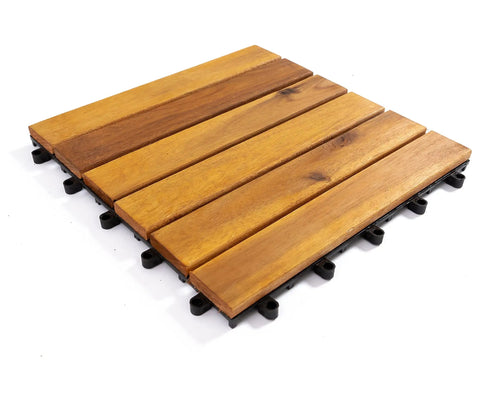 12x12 Inch Solid Wood Interlocking Flooring Tile in Real Acacia Hardwood with six slats for indoor outdoor use.