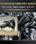 Top Tier Coolant Thermostat Housing Assembly Bolt On Fit Precision Machined showing OEM part 902-5138 with intricate engine components.