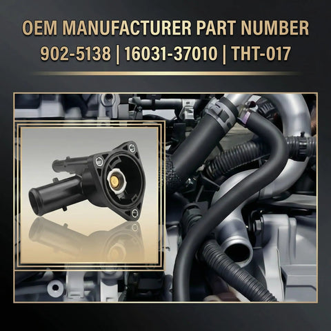 Top Tier Coolant Thermostat Housing Assembly Bolt On Fit Precision Machined showing OEM part 902-5138 with intricate engine components.