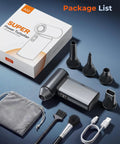 Packaging and accessories of High Power Electric Air Duster With 150000 RPM Turbo Fan And 6 Adjustable Speeds Rechargeable Cordless Mini Blower.