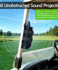 Magnetic Speaker Mount for Golf Carts Boats ATVs and UTVs securely holding a speaker on a golf cart railing outdoors.
