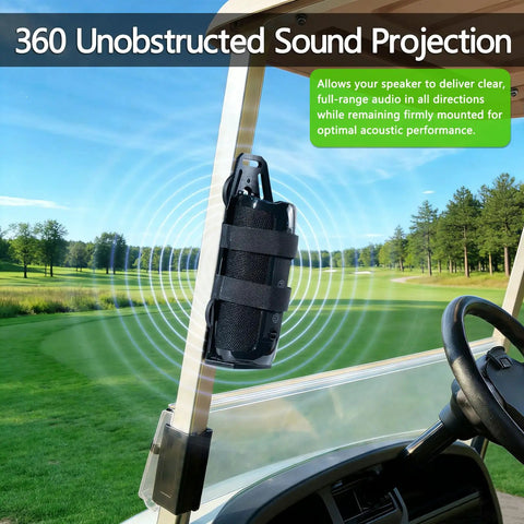Magnetic Speaker Mount for Golf Carts Boats ATVs and UTVs securely holding a speaker on a golf cart railing outdoors.