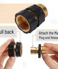 Hands demonstrating Garden Hose Quick Connectors Three Quarters Inch Universal Fit With Quick Release Fittings Set Of Four Adapters Two Male And Two Female For Easy On And Off Watering Gear And Sprayers