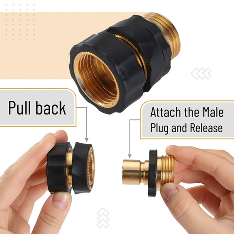 Hands demonstrating Garden Hose Quick Connectors Three Quarters Inch Universal Fit With Quick Release Fittings Set Of Four Adapters Two Male And Two Female For Easy On And Off Watering Gear And Sprayers