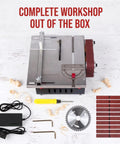Rock Solid Mini Table Saw And Belt Sander Combo Featuring 200 Watt Copper Motor With Seven Speed Gears And Zero To Ninety Degree Tilt Base tools and accessories laid out.