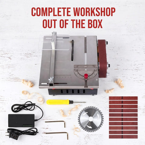 Rock Solid Mini Table Saw And Belt Sander Combo Featuring 200 Watt Copper Motor With Seven Speed Gears And Zero To Ninety Degree Tilt Base tools and accessories laid out.