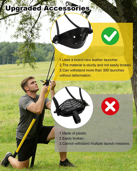 Man using an Arborist Throw Line Launcher with high accuracy and adjustable power, demonstrating 8-foot reach with leather launcher.