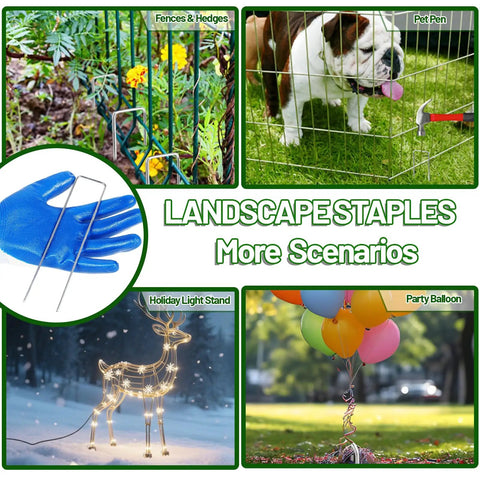 Image showing various uses for 52 Pack 6 Inch Heavy Duty 11 Gauge Landscape Staples With Adjustable Width From 1.26 To 2 Inches, U Shaped Plant Cover Spikes And Sod Pins For Weed Barrier Fabric, Garden Lawn Landscaping, Galvanized And Rust Proof including fences, pet pens, holiday light stands, and securing balloons.