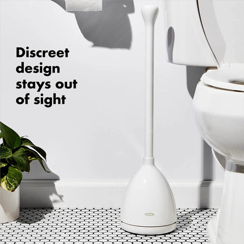 Concealed Toilet Plunger With Auto Open Canister Ventilated Drip Tray beside toilet with discreet design label
