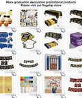 Graduation decoration products including banners, tablecloths, and cupcake toppers displayed in a grid layout.