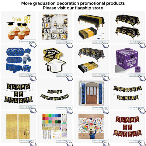 Graduation decoration products including banners, tablecloths, and cupcake toppers displayed in a grid layout.