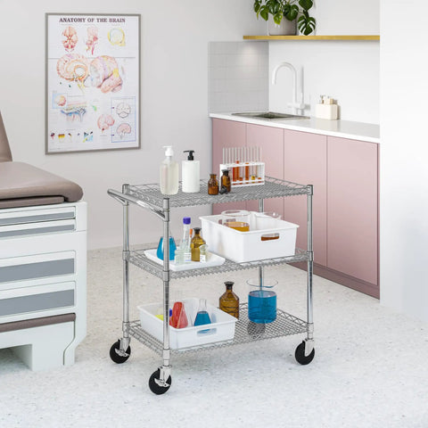 Heavy Duty Metal Rolling Utility Cart With 3 Adjustable Steel Shelves And Handy Handle Bar, NSF Commercial Grade, 500 Lb Capacity, Perfect For Restaurant, Garage, Warehouse, Kitchen, Or Office, 36 Inch Wide. in a lab