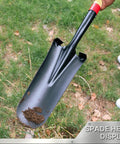 45 Inch Transplanting Spade For Digging And Planting With Steel D Grip And Wooden Handle shown with soil on blade