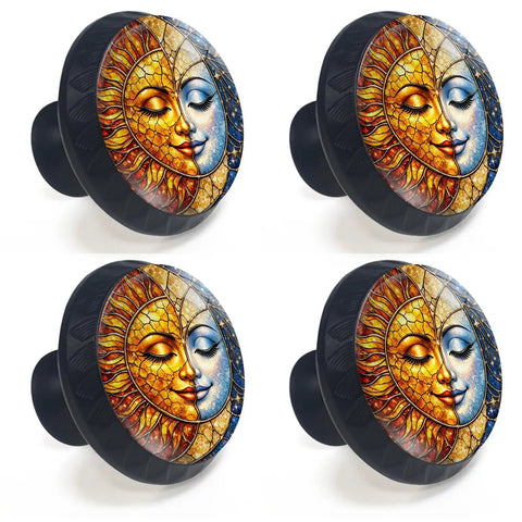 Boho Sun And Moon Face Cabinet Knobs 4 Pack, stained glass mosaic handles with warm golden sun and starry blue moon design.