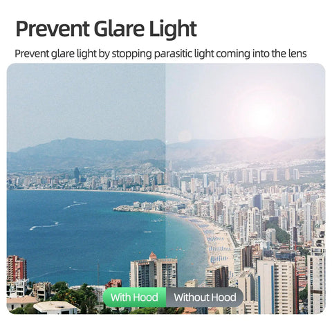 Split image comparing cityscape with and without Gimbal Camera Lens Hood For DJI Mini 5 Pro Drone Anti Glare Shield