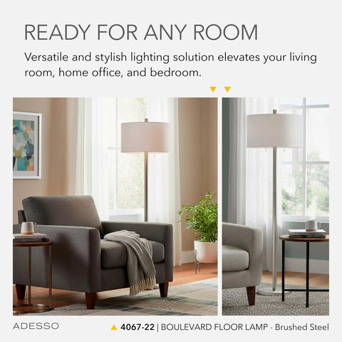 Dual Pull Chain Floor Lamp With Brushed Steel Finish And White Fabric Drum Shade, Two Bulb Setup in living room setting