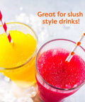 Next Level Electric Shaved Ice And Snow Cone Maker, Hella Smooth Slushie Machine with slush drinks in colorful glasses.