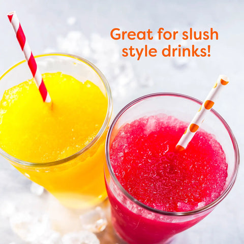 Next Level Electric Shaved Ice And Snow Cone Maker, Hella Smooth Slushie Machine with slush drinks in colorful glasses.