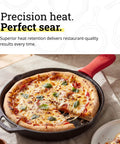 Seasoned Cast Iron Skillet 12 Inch Workhorse Pan For Stove Oven Grill And Campfire With Silicone Handle Holder showing baked pizza