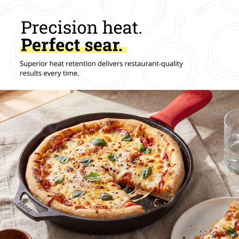 Seasoned Cast Iron Skillet 12 Inch Workhorse Pan For Stove Oven Grill And Campfire With Silicone Handle Holder showing baked pizza