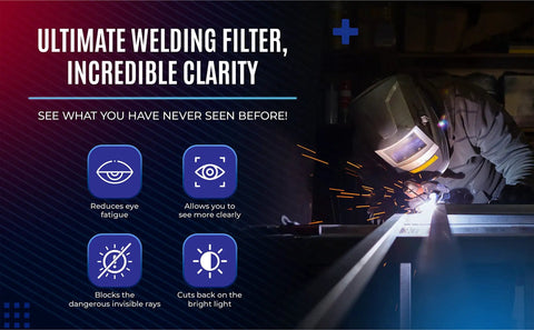 Welder using Auto Darkening Welding Lens 2x4 Shade 9 with High Definition Clarity for Hoods and Helmets in action