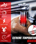 Red threadlocker being dispensed onto bolt threads by hand; shows 50 ml+50 ml packaging