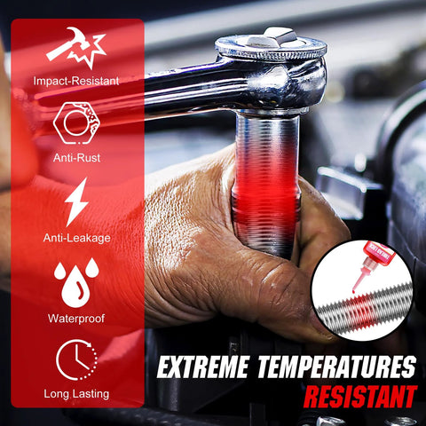 Red threadlocker being dispensed onto bolt threads by hand; shows 50 ml+50 ml packaging