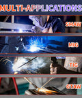 Auto Darkening Welding Helmet With True Color Wide View Screen Solar Battery Powered Two Arc Sensors Zero Point One Millisecond Response Time Shade Nine To Thirteen For SMAW MIG TIG And Grinding Workhorse Pro Gear in use across various welding applications SMAW, MIG, TIG, and GTAW.