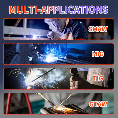 Auto Darkening Welding Helmet With True Color Wide View Screen Solar Battery Powered Two Arc Sensors Zero Point One Millisecond Response Time Shade Nine To Thirteen For SMAW MIG TIG And Grinding Workhorse Pro Gear in use across various welding applications SMAW, MIG, TIG, and GTAW.