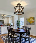 2-Pack Semi Flush Mount Ceiling Light Fixture Farmhouse Matte Black Metal With Open Drum Shade in dining room