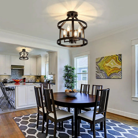 2-Pack Semi Flush Mount Ceiling Light Fixture Farmhouse Matte Black Metal With Open Drum Shade in dining room
