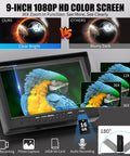 9-inch 1080p HD color screen showcasing vibrant parrot image with zoom options for Badass 100 Foot Sewer Camera.