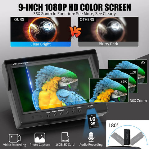 9-inch 1080p HD color screen showcasing vibrant parrot image with zoom options for Badass 100 Foot Sewer Camera.