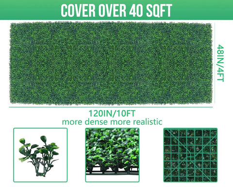 Artificial Boxwood Roll Panels 48x120 Inches Cover 40 Sq Ft UV Resistant Faux Ivy Leaves Privacy Fence Screen DIY Friendly No Assembly