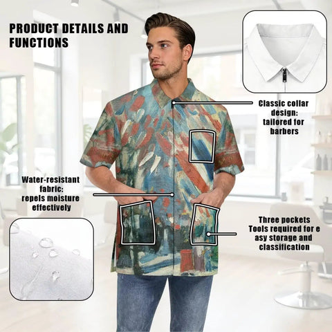 Colorful Art Print Hair Stylist Smock Zip Up Waterproof Repellent Yet Breathable Coat with Front Zip and Three Pockets for Barbershop