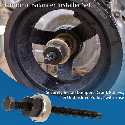 5Pcs Harmonic Balancer Installer Tool Set With Long Reach Crank Pulley Damper Puller Kit Pro Grade Includes Four Adapters Nut Bearing Assembly And Gloves Heavy Duty Underdrive Pulley Installer For Ford GM Dodge And Chrysler V8 And V6 Engines installed on an engine