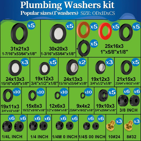 3-In-1 Spigot Repair Washers Kit With Hose Gasket And Faucet O-Rings featuring assorted sizes of plumbing rubber washers.